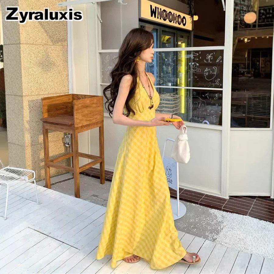 Romantic French V-Neck Vest Dress for Women, Trendy Thai Hainan Sanya Beach Summer Vacation Style Maxi Dress