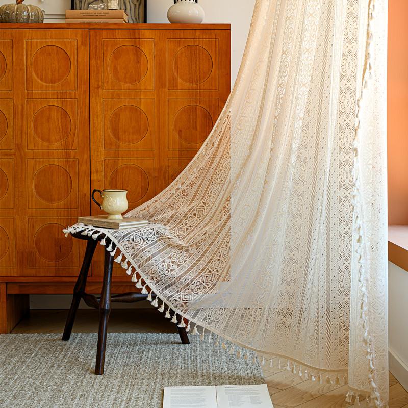 French Translucent Curtains Bohemian Style Hollow Lace Fabric Four Season Universal Living Room Decoration Drapes Vintage Tassel Fabric Curtain