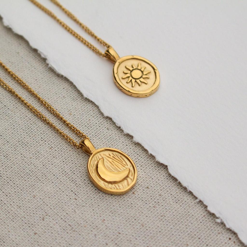 Sun Moon Round Coin Necklace: Stainless Steel with 18k Gold Plating