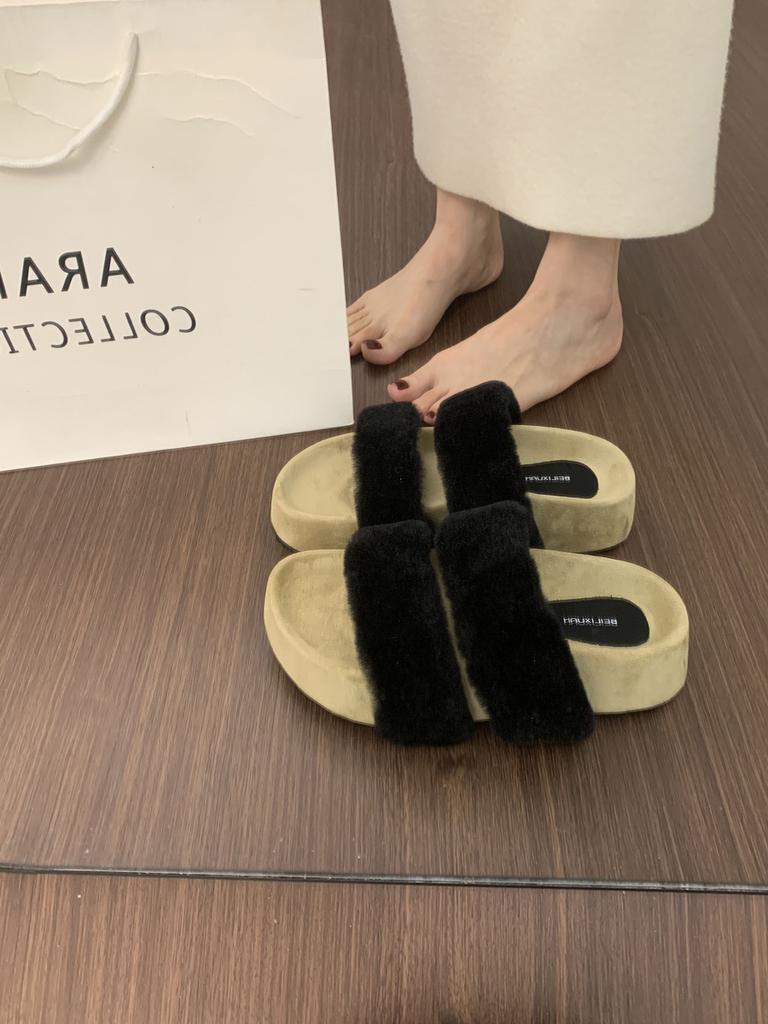 BEILIXUAN~ Mink hair word with thick bottom hair slippers women wear autumn and winter 2025 new fairy cotton slippers