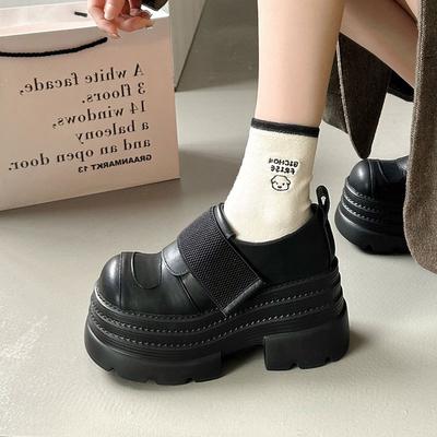 Black Velcro Heightened Platform Small Derby Shoes Single Shoes Women's New Spring British Style Small Leather Shoes