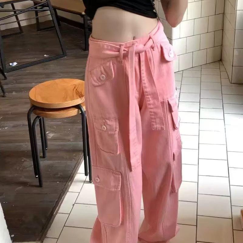 Vintage Pink Cargo Pants Women 2023 Loose Slipper Denim Pants Oversized Jeans Pants for Women Hip Hop Trousers