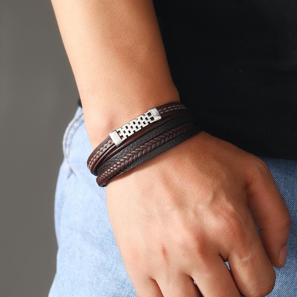 Vintage Multi Layer Magnetic Clasp Handwoven Genuine Leather Bracelet Cuff For Men Fashion Accessory