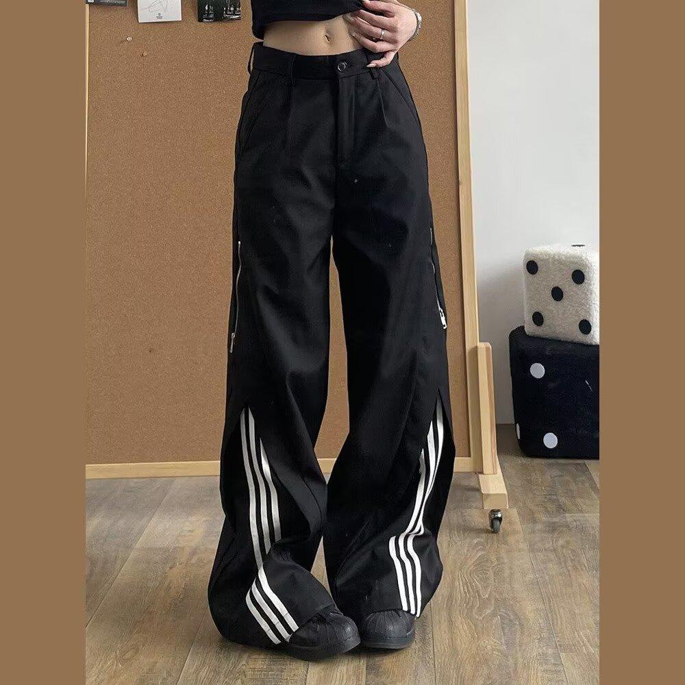 Straight spring and autumn sports trousers American casual large size striped loose pants men's new wide legs Hong Kong style