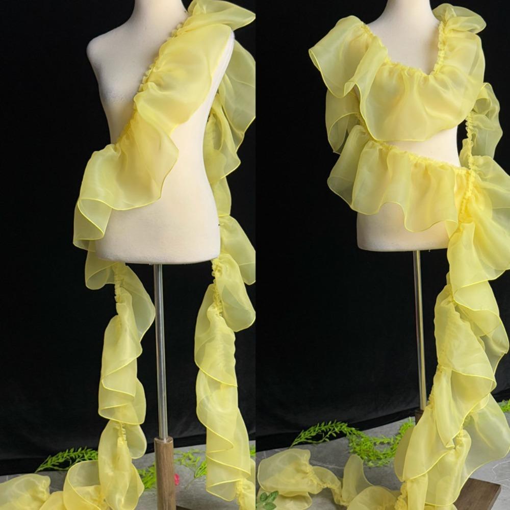 

Однотонная кружевная ткань из органзы, плиссированная форма, края в виде листьев лотоса, новая ткань для шитья с оборками жёлтый