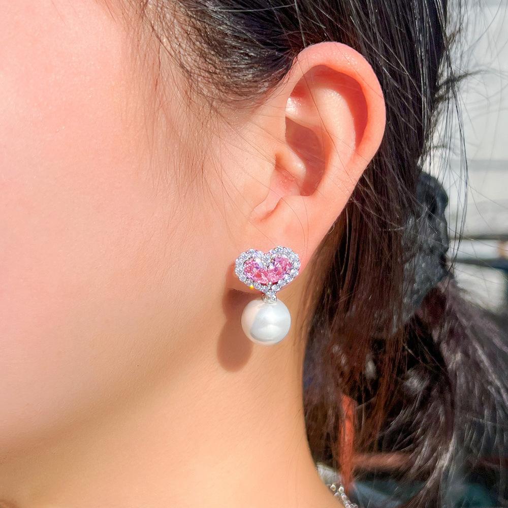 Needle Light Luxury Sweet Girl Heart Princess Pink Earrings Love Pearl Earrings Pendant Earrings