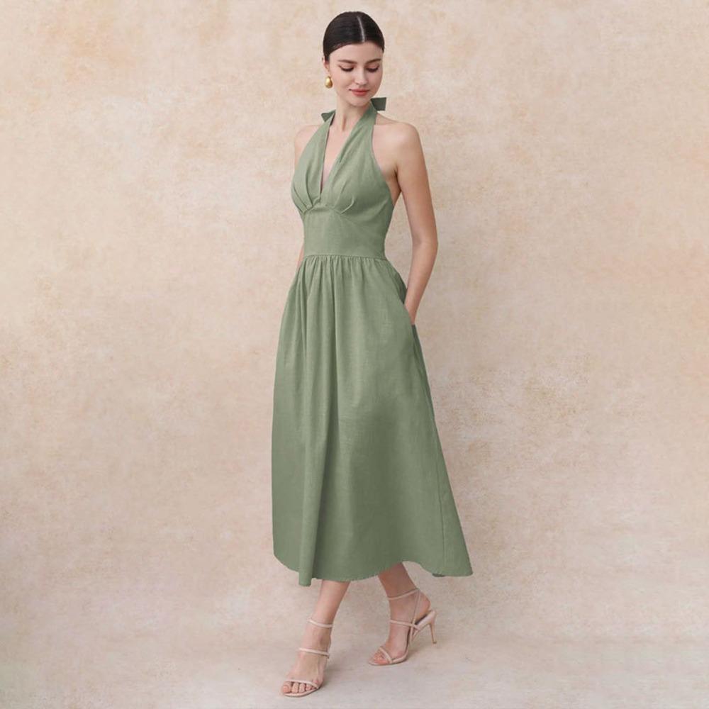 Women's Halter V Neck Sleeveless Maxi Dress Loose Fit Mid Waist Elegant Solid Color A-Line Sundress