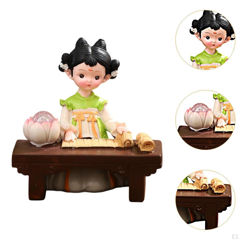 Girl Resin Statue Figurine with Light Folk Ethnic Decoration Doll Toy Gift Traditional Chinese