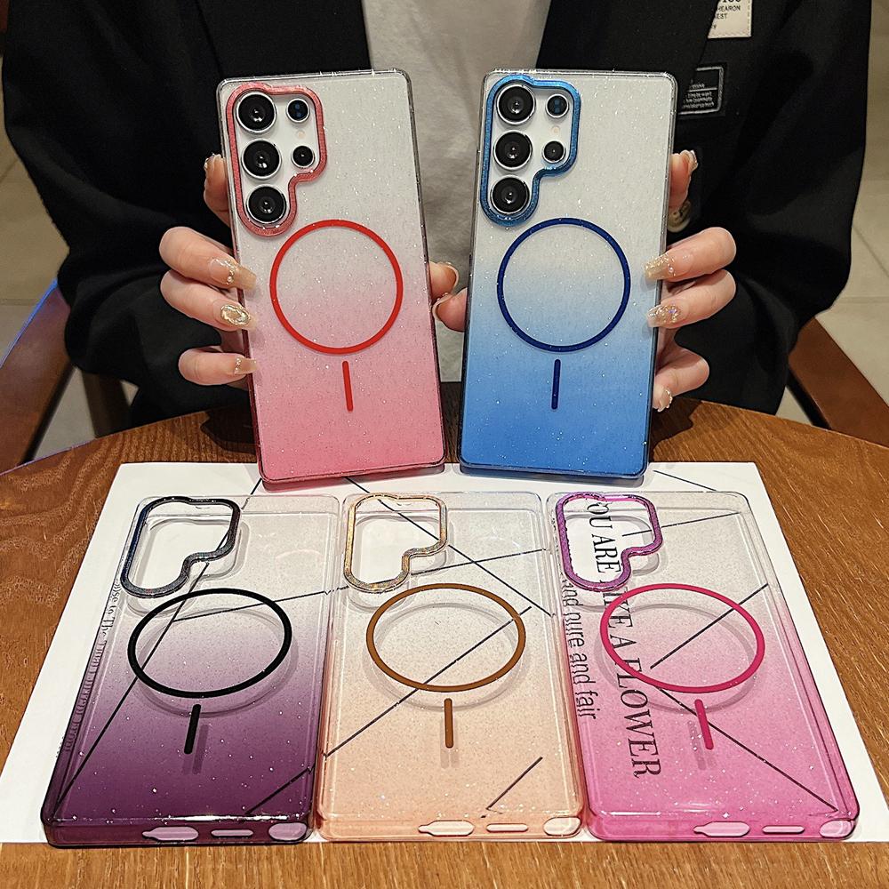KEYSION Luxury Gradient Glitter Magnetic Phone Case for Samsung S22 S23 S25 Ultra S25+ Edge S24 FE Wireless Charging Shockproof Cover