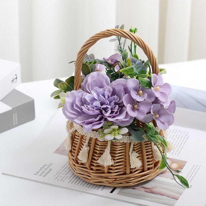 Korean Pastoral Silk Flowers In Handmade Woven Basket for Living Room or B&B Decor