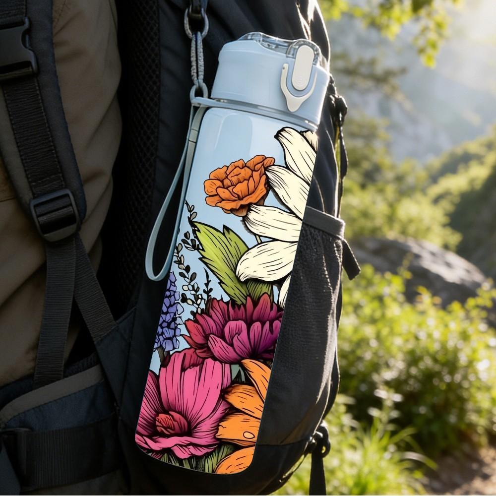 1PC Mixed Daisy Sunflower Bouquet Print 750ml Color Plastic Sports Water Bottle Leakproof Flip Straw Lid Suitable for Sports Office Home Use