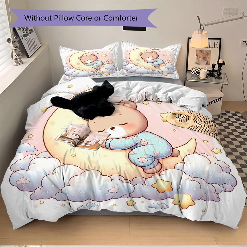 3-teiliges Bären auf dem Mond Bettwäsche-Set - Weich und bequem für Schlafzimmer, Gästezimmer und Wohnheim Dekor Bettwäsche-Set 1 Bettbezug + 2 Kissenbezüge.M012