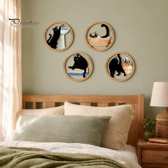 Nordic Style Wall Decoration 4 Pcs Minimalist Black Cat Art, Geometric Round Circle Wooden Matte Finish Decor Decor, Abstract Hanging Sign for Living