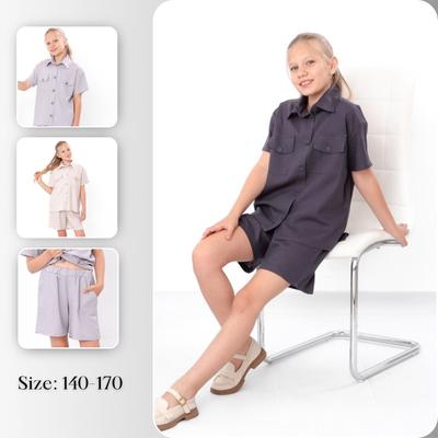 Teen Girls’ Linen Viscose Set – Short Sleeve Shirt with Buttons & Comfy Elastic Waist Shorts Summer 6482-070 HC
