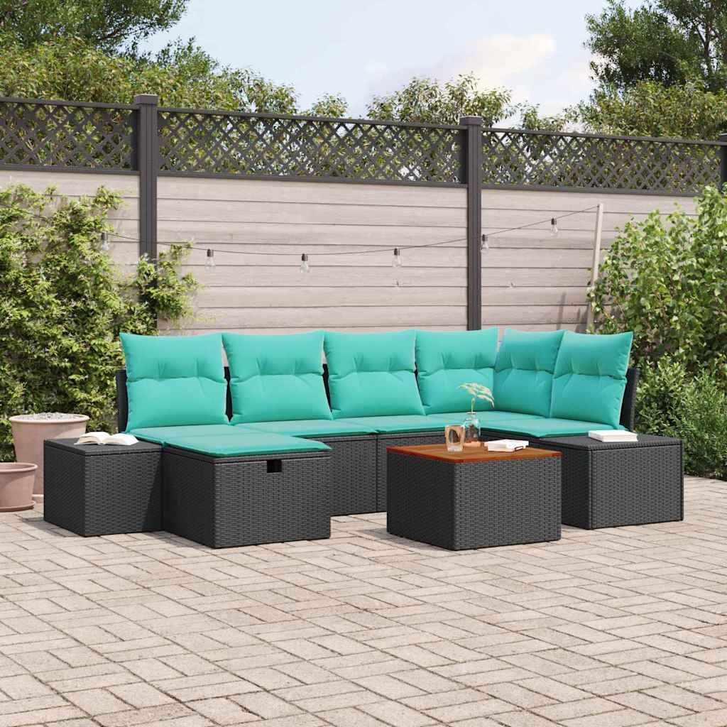 Garden Sofa Set with Cushions 7 pcs Black Poly Rattan