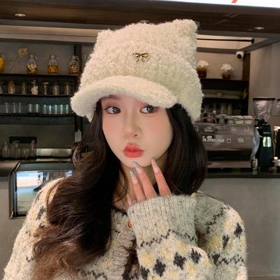 Korean Sweet and Versatile Bow Plush Baseball Cap Autumn and Winter Fashion Casual Ear Protection Hat Cold Warm Hat Women