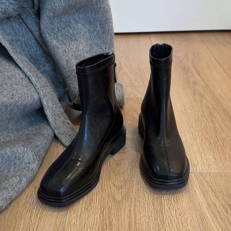 Autumn Winter Cosy Soft Leather Women Ankle Boots Fashion Square Toe Shoes Modern Stretch Slim Short Botas Para Mujer