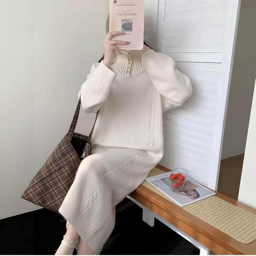 Women's Turtleneck Button Front Knit Maxi Dress Lantern Sleeve Cable Knit Casual Loose Fit Dress