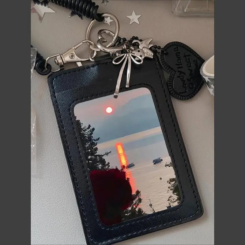1 Piece Black Pu Leather Silver Cat Bow Pendant Photo Card Holder Keychain Student Campus Card Id Card Holder