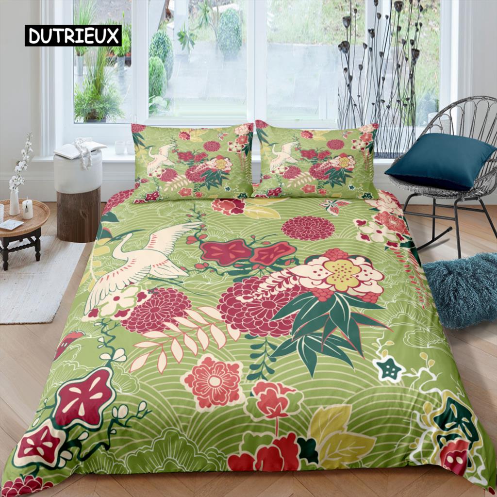 Kranich-Druck Bettwäscheset Luxuriöser Bettbezug Queen-Size Bettdeckenbezugsets für Kinder Teenager Schlafzimmerdeko Mikrofaser Steppdeckenbezug