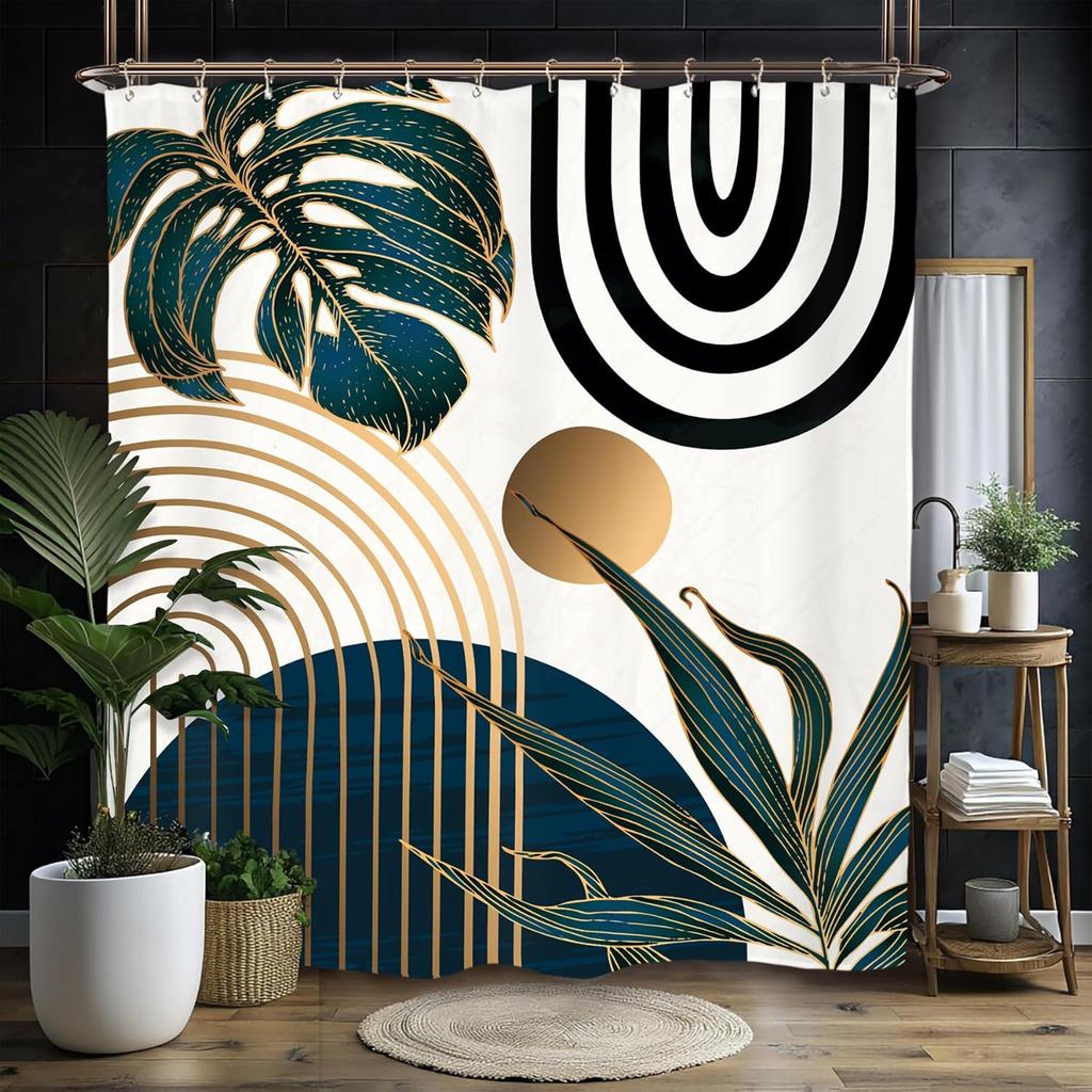 Abstract Zen Spa Shower Curtain Set Minimalist Bible Meditation Modern Aesthetic Contemporary Green Plant Leaves Monstera