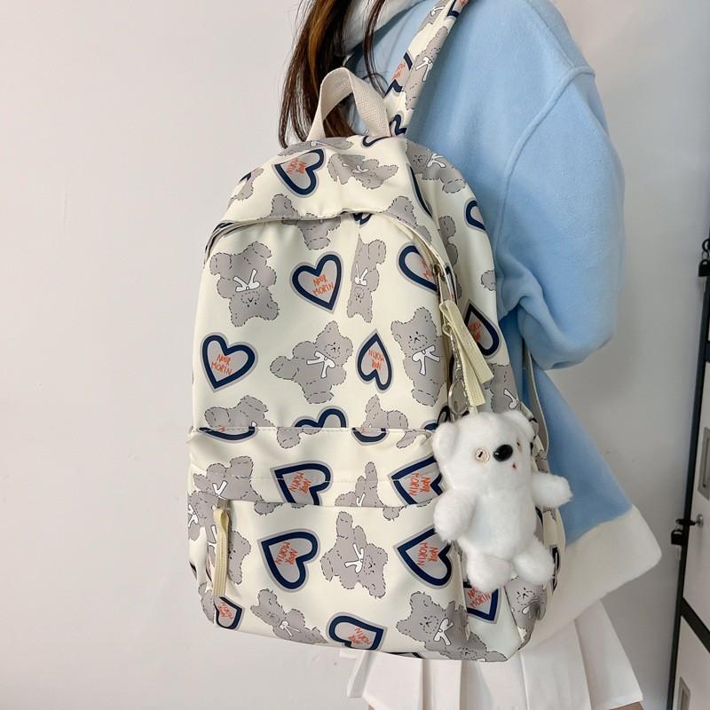 Girl Nylon Cute School Backpack With Love Heart Bear And Letters Print Design For Daily Use