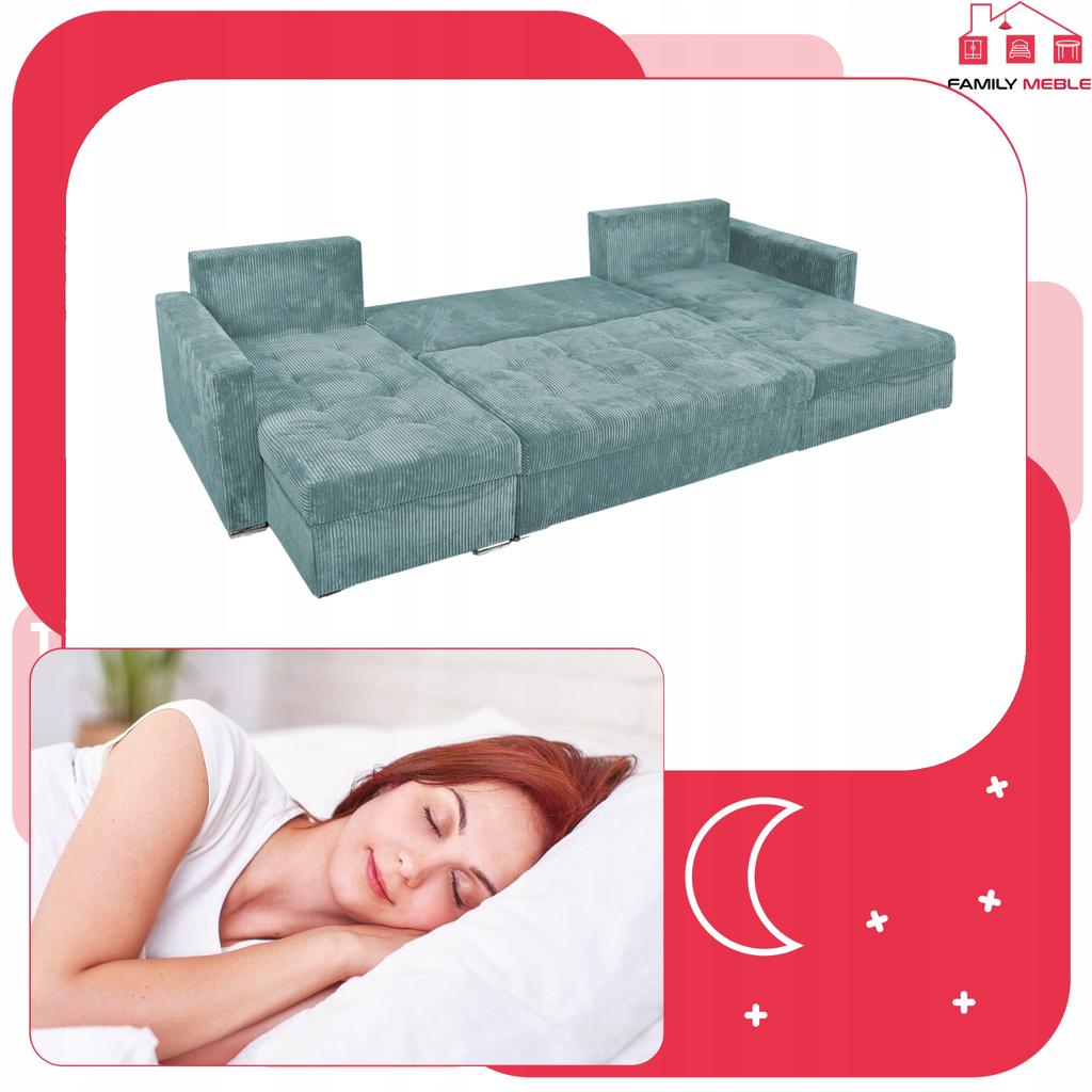 Bonito BIG Corner Sofa Bed Family Meble Corduroy Green