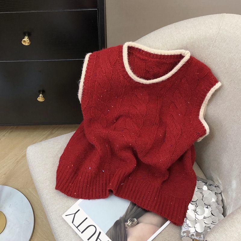 Color Block Round Neck Fried Dough Twists Pattern Knitted Vest for Women Autumn and Winter Loose Knitted Vest