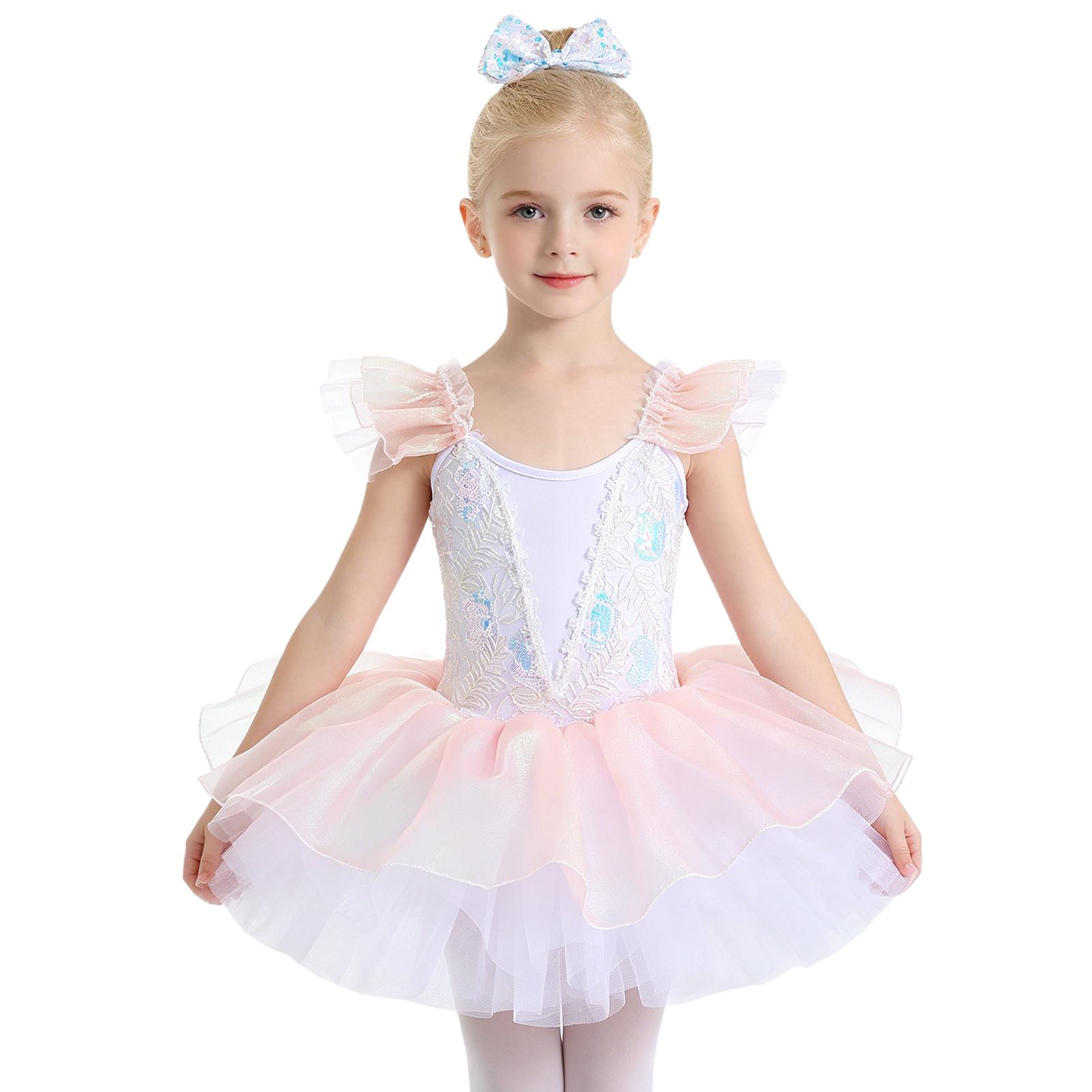 Kids Embroidery Shimmery Tulle Tutu Dress Girls Ballet Stage Performance Costume Ruffled Sleeves Sequin Dancing Party Dress 100