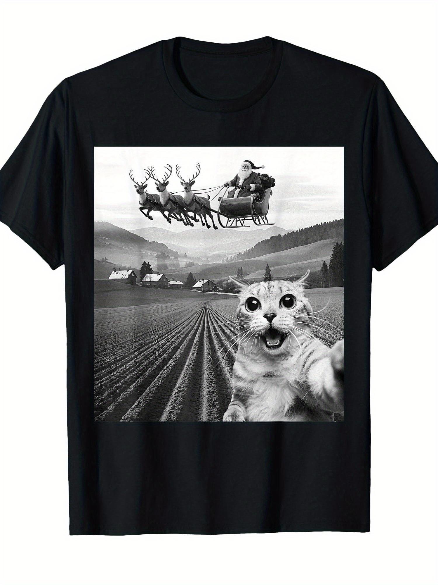 Cat Selfie with Santa Claus Father Christmas Funny Men Women Tshirt Seasonal Apparel Holiday Casual Wear Humorous Tshirt S