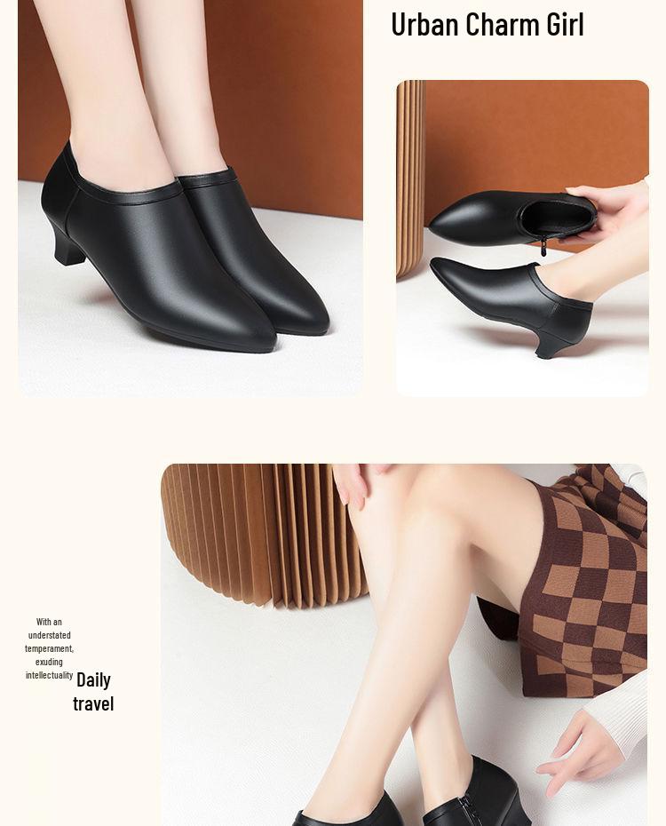 Women's Black Genuine Leather Fleece-Lined Work Shoes - Soft Sole, Wear-Resistant, Low Heel for Autumn/Winter