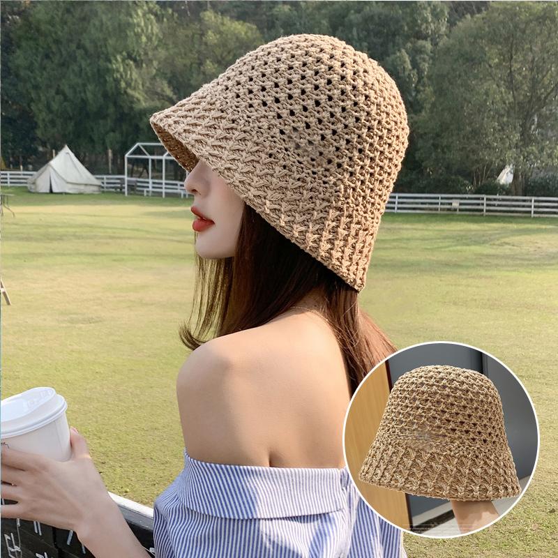 New Summer Handmade Hollow Knitted Crochet Floppy Hats Collapsible Dome Bucket Hat Solid Color Beach Caps Simple Soft Women Hat