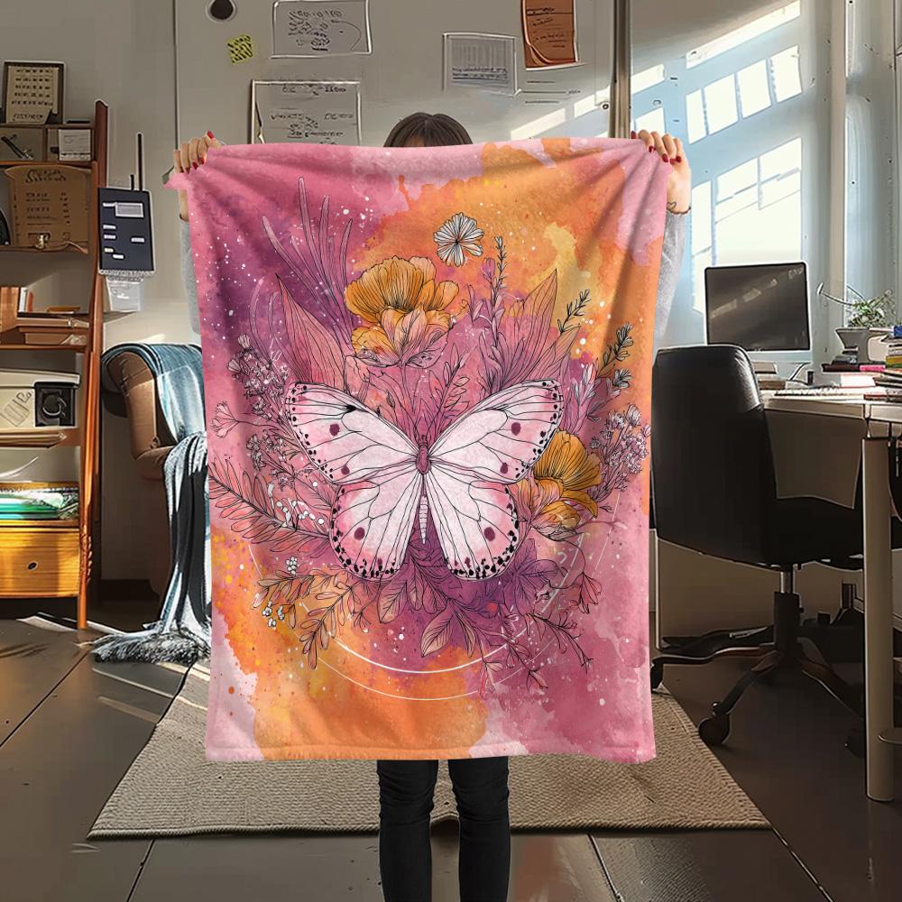 Flower Butterfly  Print Flannel Blanket, High quality Comfortable for All Seasons, Home Decor, Warmth and Comfort
