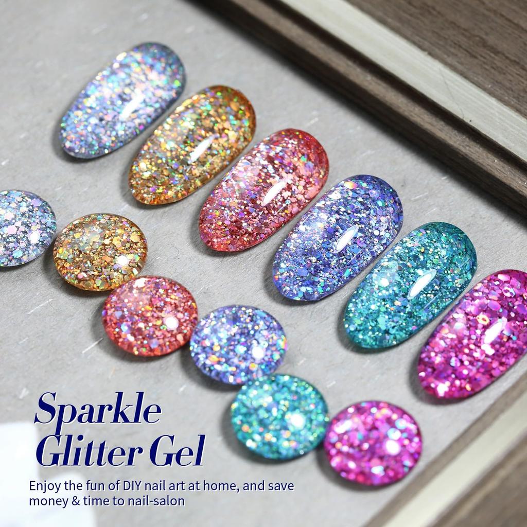 BORN PRETTY Gel Nail Color Glitter Holographic 6 Colors Polish Art Set Gel, Glitter, Spring/Summer Nails, (Gold, Blue), UV/LED Compatible, Type,