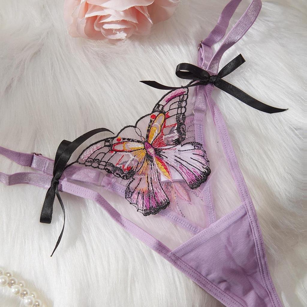 Women's Sexy Demi Cup Bra Set Ultra Thin Bra with Mesh Butterfly Embroidery Underwire Push-Up 2-Piece Lingerie Set