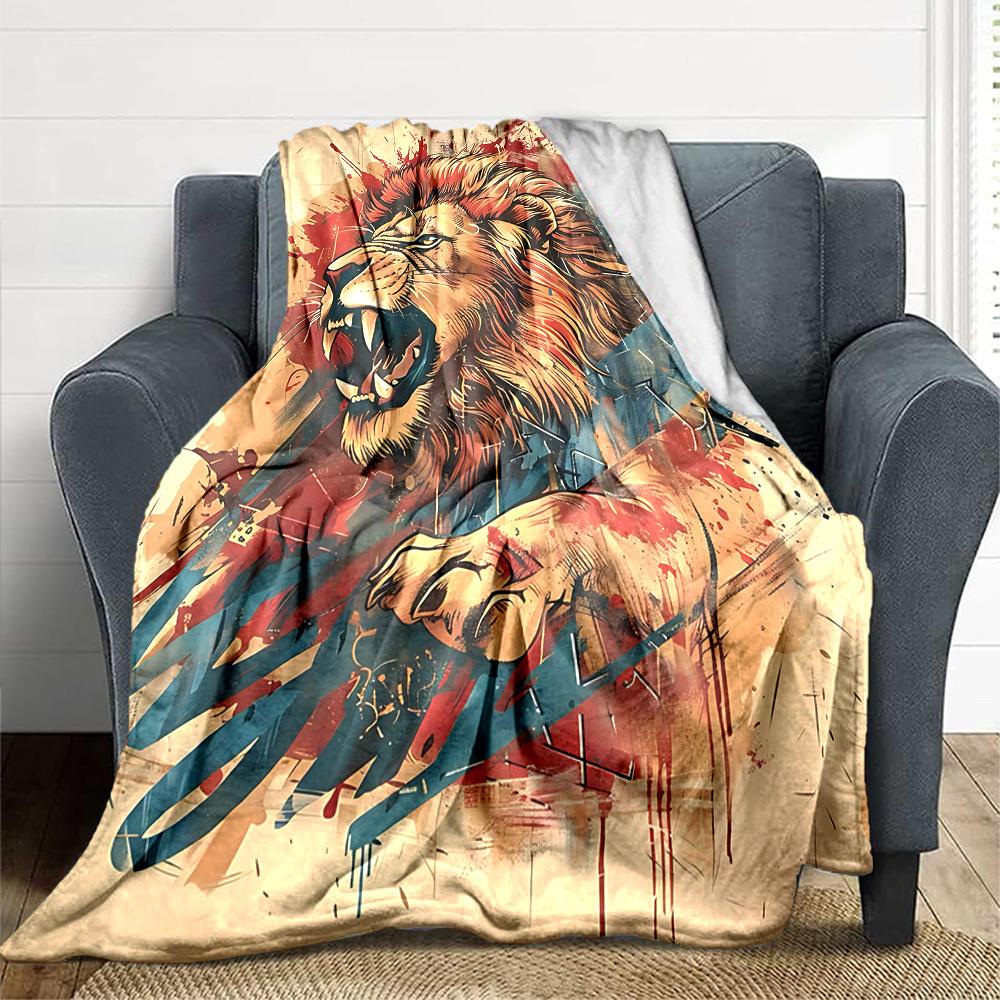 1pc Lion Art Blanket, Lightweight Flannel Throw Blanket for Sofa, Bed, Travel, Camping, Living Room, Office, Couch007