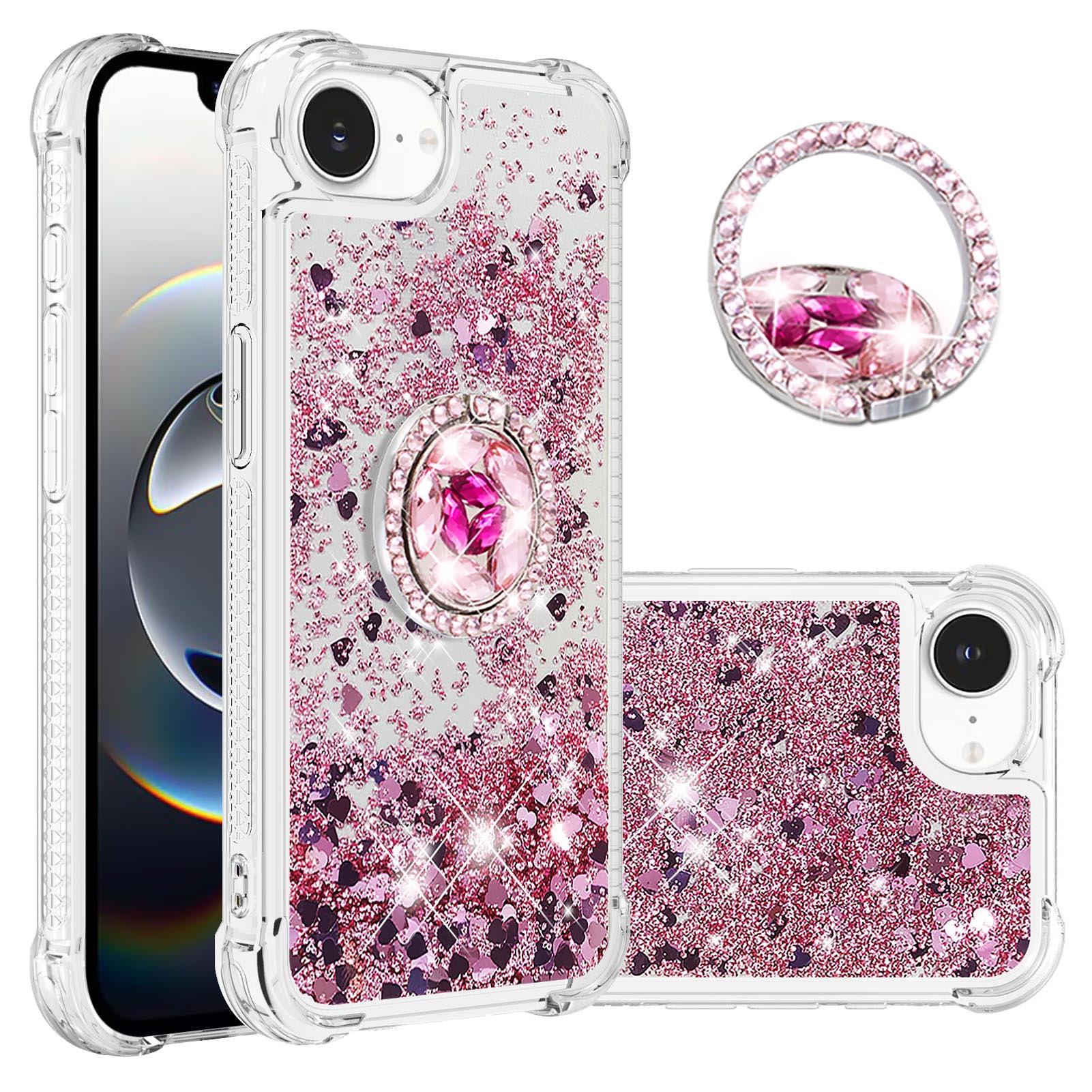 

For iPhone 16e TPU Case with Kickstand Quicksand Shockproof Cover Rose Gold/Hearts