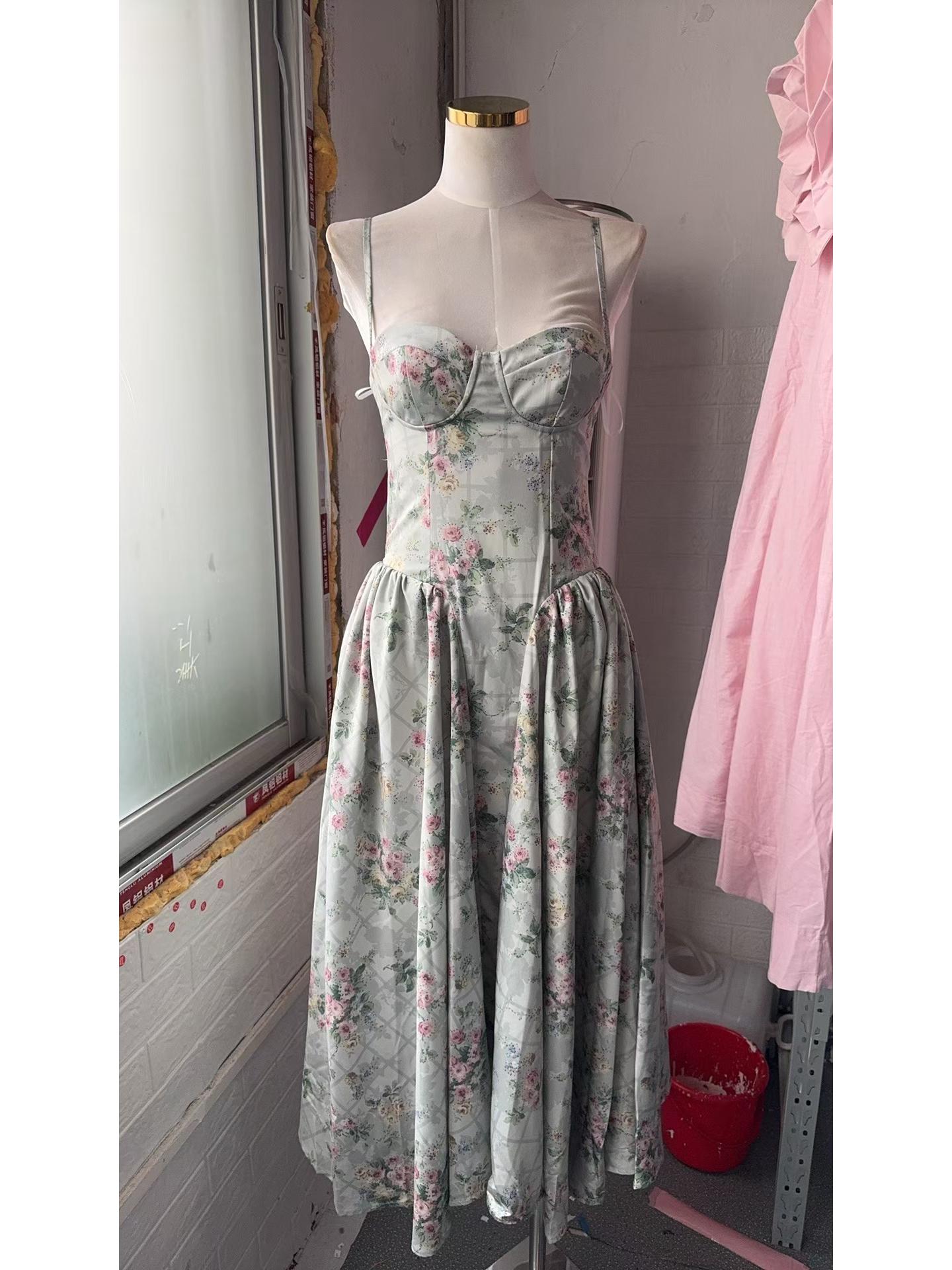European and American Floral Mori-Style Cinched-Waist Dress Large