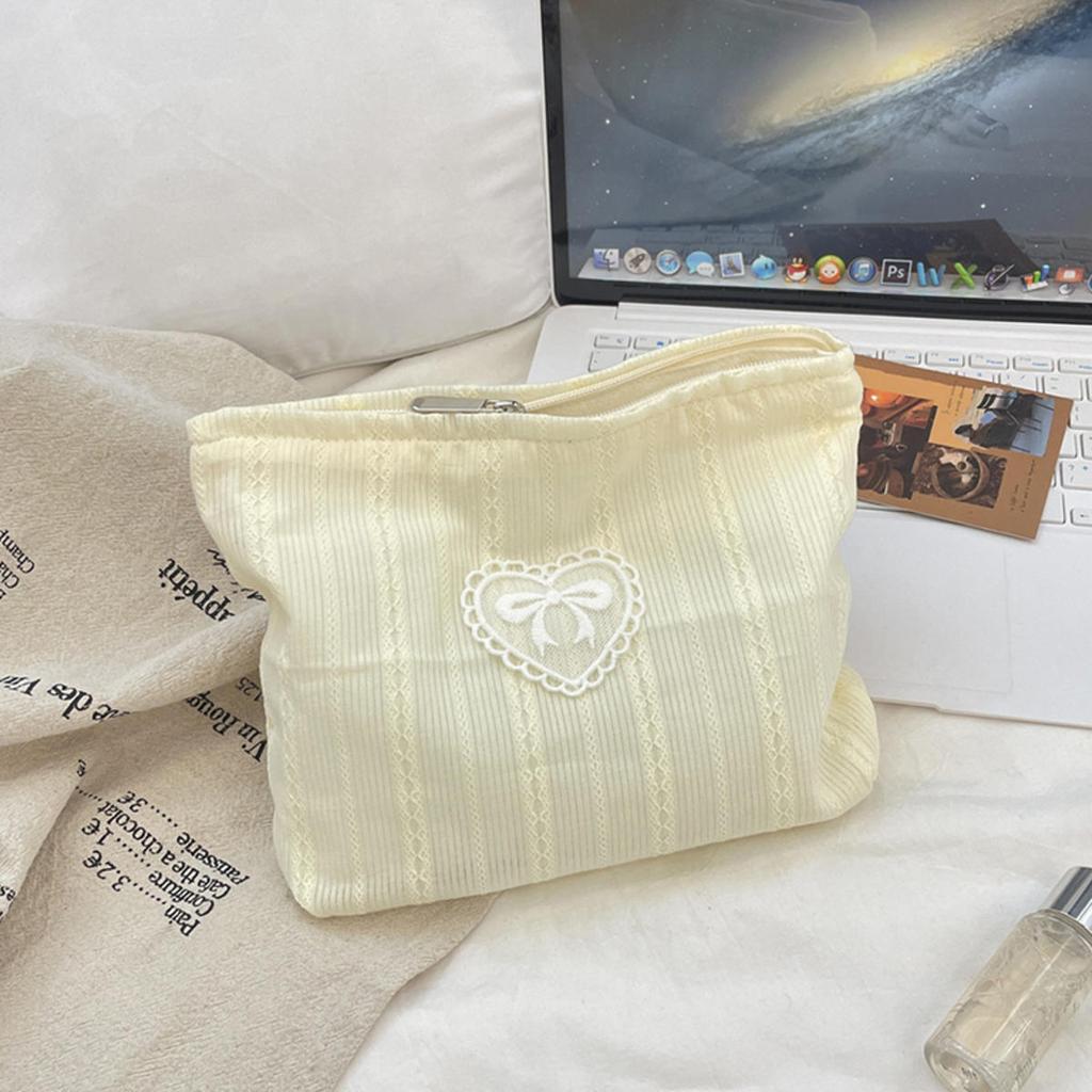 Simplicity  Cosmetic Bag for Girl Sweet Embroidery Bow Striped Makeup Case Portable Travel Earphone Cable Storage Bag