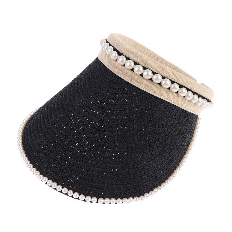 Imitation Pearl Empty Top Straw Hats For Women Casual Summer Beach Visor Caps Foldable Wide Large Brim Sun Uv Protection Caps
