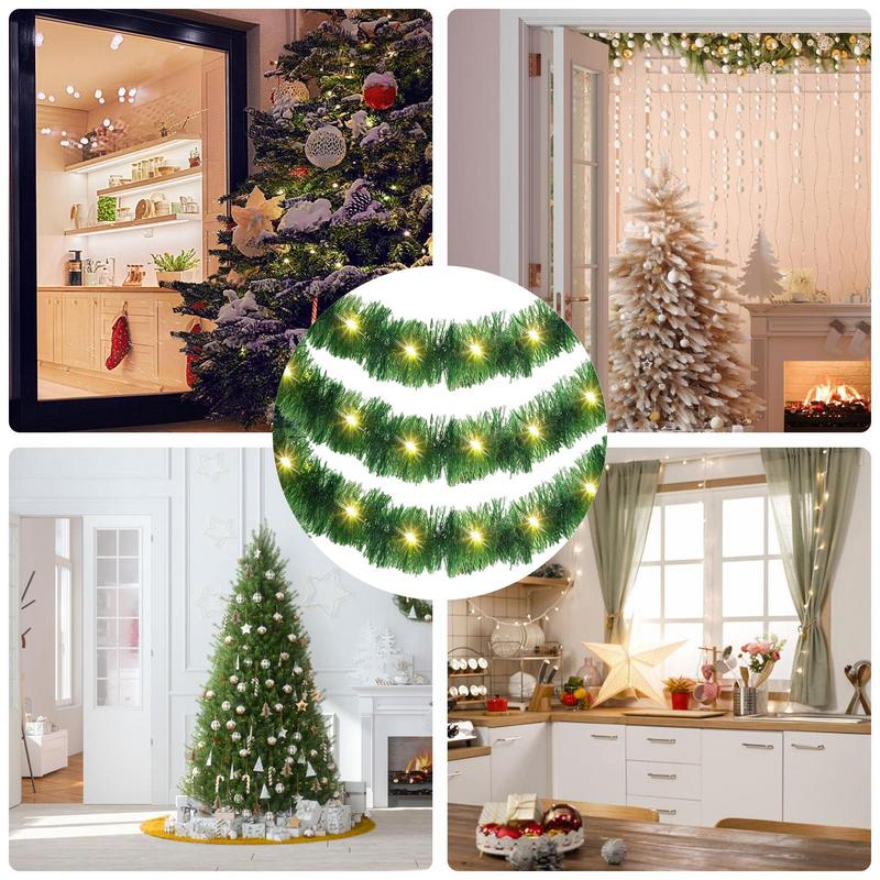 Christmas Tree Garland LED Light 49.21ft Tinsel Garland Shiny Green Streamers Ornaments Twist Light Strips Prelit Christmas