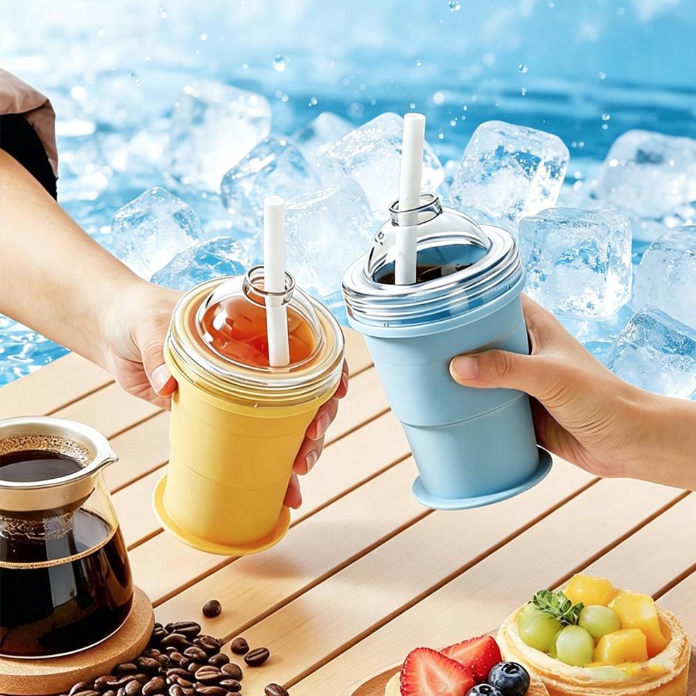 Foldable Silicone Ice Cup with Straw, Creative Ice Ball Maker Mold for Outdoor & Travel Use