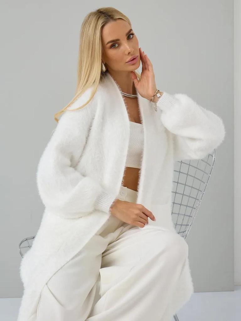 Cardigan Long en Tricot Cachemire Faux Vison Blanc pour Femme - Doux, Ample, Style Décontracté pour l'Automne et l'Hiver