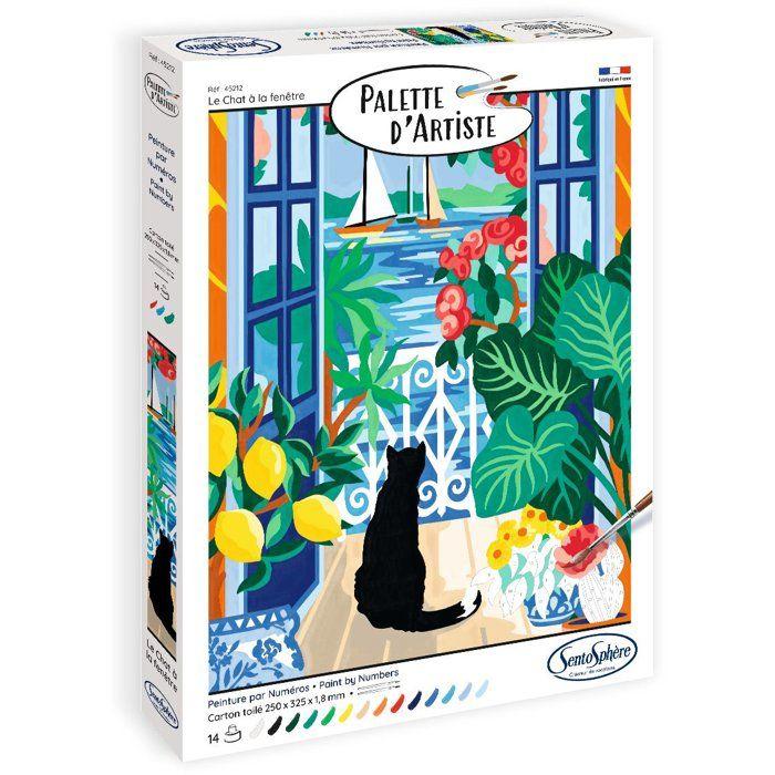 Peinture acrylique - SENTOSPHERE - Palette D'artiste - Le chat à la fenêtre - Peinture à numéro pour adulte - Tableau toilée