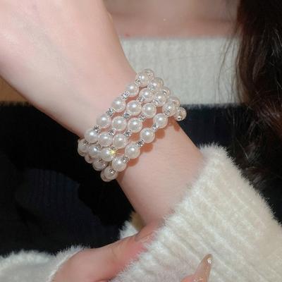 Elegant Crystal Imitation Pearl Bracelet Fashion Wide Multi Layer Rhinestones Bangles Luxury Copper Stretchable Pearl Cuff
