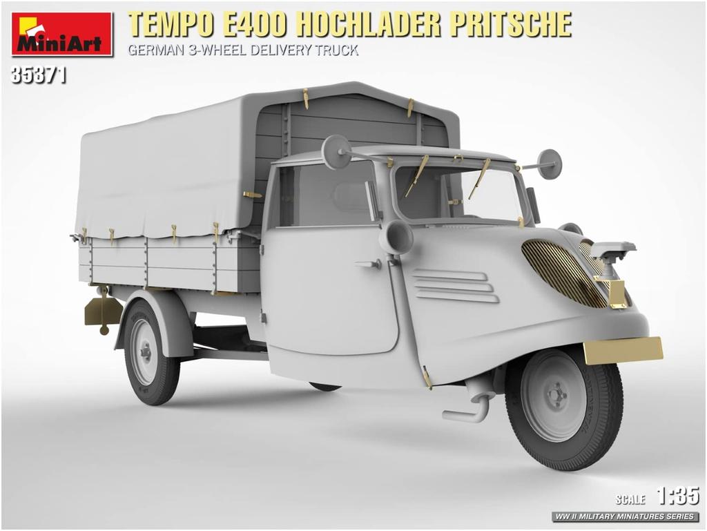 Miniart 1/35 Scale German Tempo E400 High Loader Flatbed Delivery Van, Three-Wheel Plastic Model, Model MA35371