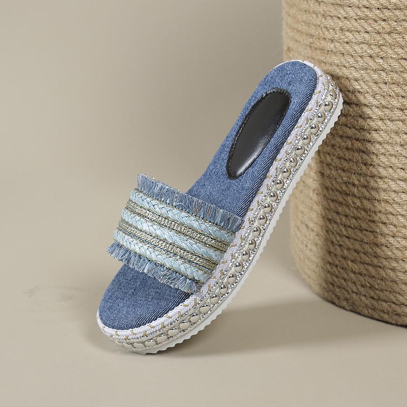 Jeansmode tofflor damskor sommar nya tofflor med öppen tå platt golv-topp damskor
