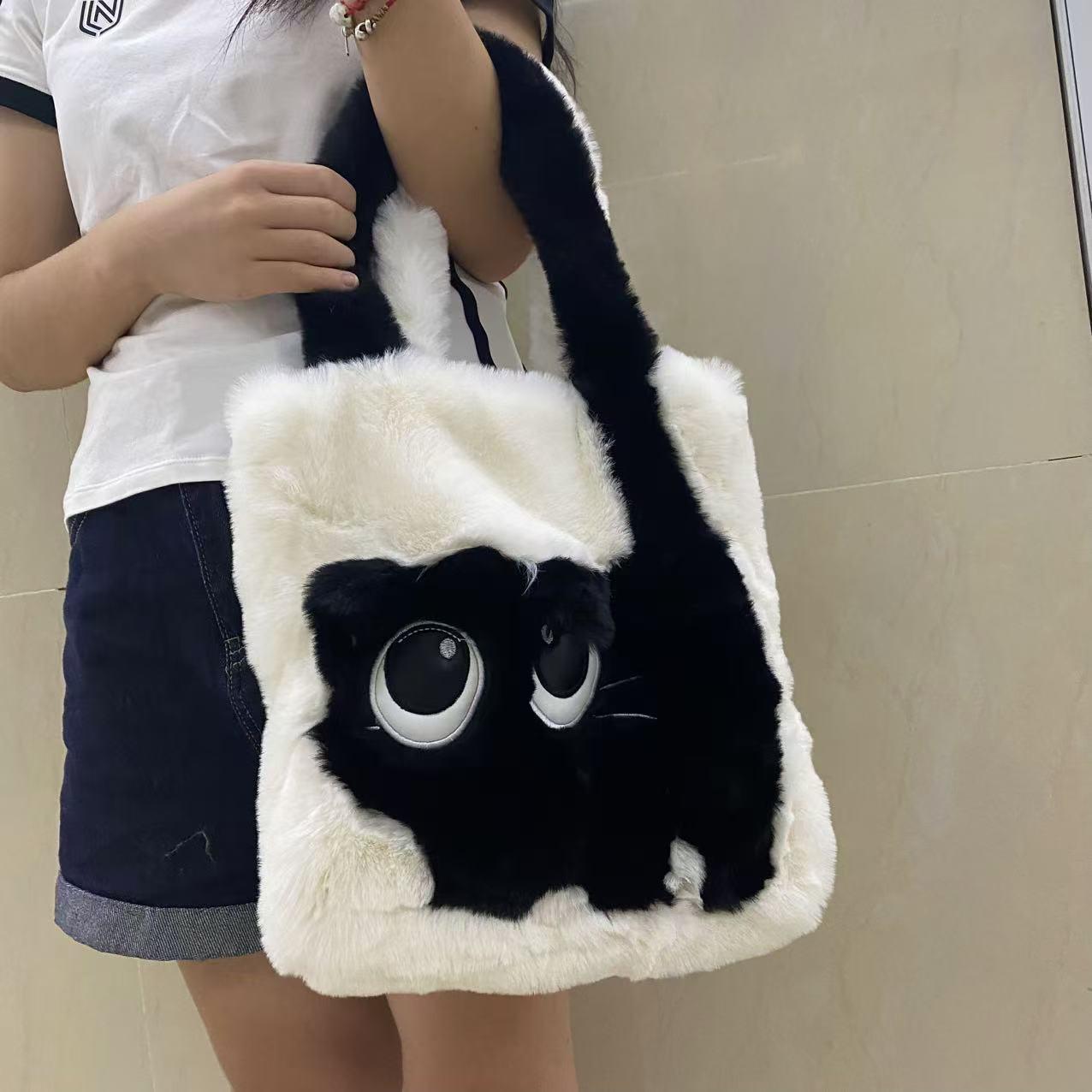 

Плюшевая сумка-тоут с цветовыми блоками в виде кошки: Вместительная, креативная сумка через плечо для осени и зимы 30/30/6