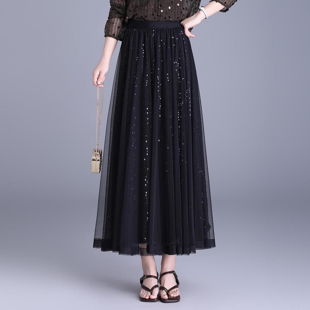 Spring 2026 Sequin Mesh A-line Midi Skirt - Slimming, Drapey, Fashionable, Casual Wear