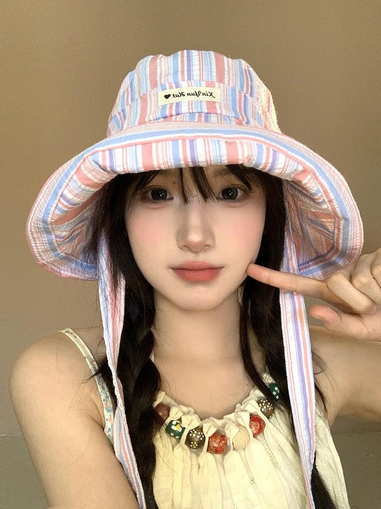 Sweet Star Strap Bucket Hat Women's Summer Hat Cute Sunshade Thin Big Brim Sunscreen Hat